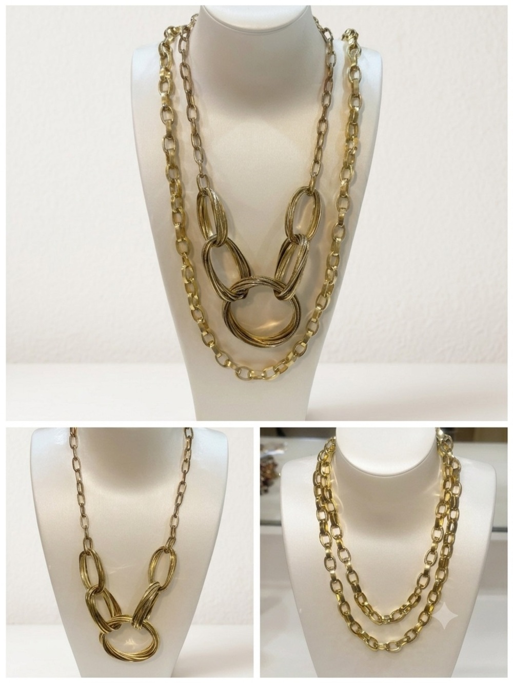Heavy Anchor Gold Multi-Ring Statement Necklace & Lightweight Link Chain Set